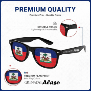 Sunglasses featuring the Haitian flag design. A lightweight and stylish accessory perfect for sporting events, celebrations, and Haitian Flag Day (May 18).